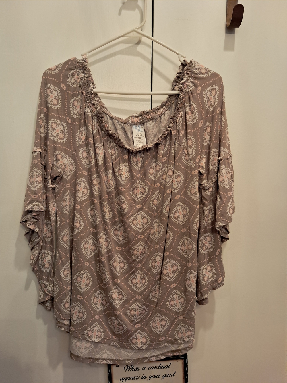 Time and Tru Taupe Paisley Peasant Tunic with Cream Accents